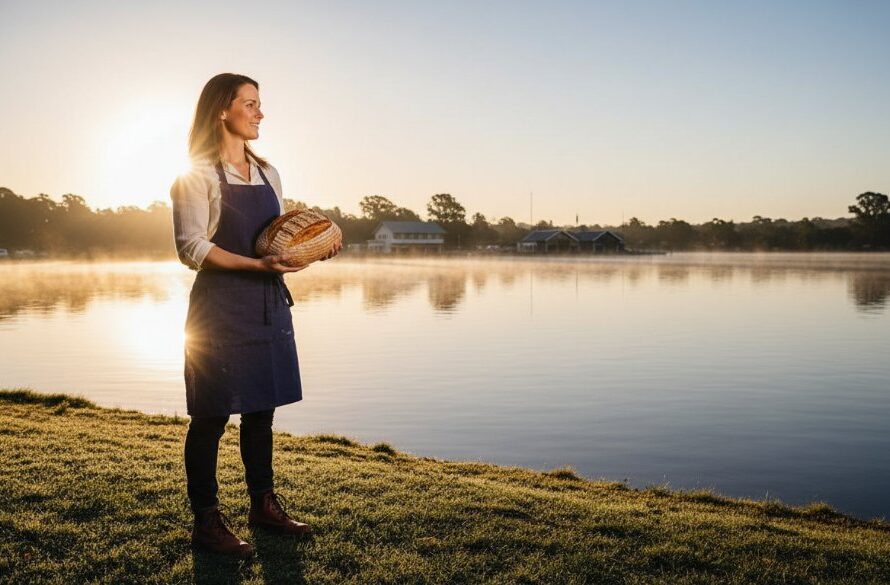 A dynamic wide-angle shot capturing a successful local business owner at sunrise by Lake Wendouree, showcasing premium Lake Wendouree business branding photography with a cinematic feel, strong natural light, and a vibrant, authentic mood.