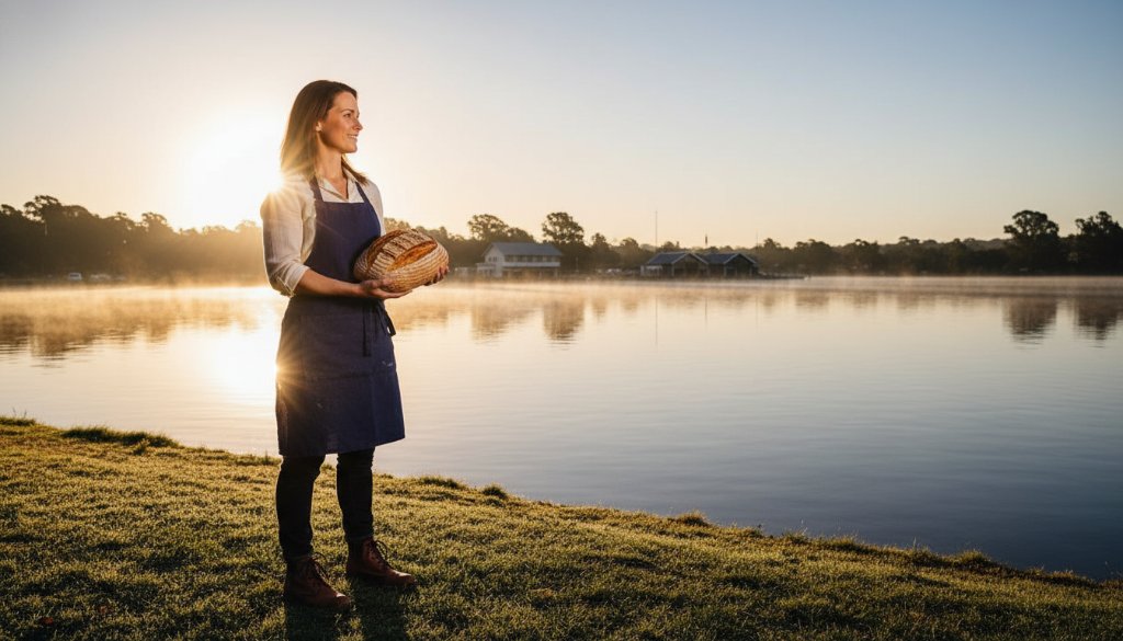 A dynamic wide-angle shot capturing a successful local business owner at sunrise by Lake Wendouree, showcasing premium Lake Wendouree business branding photography with a cinematic feel, strong natural light, and a vibrant, authentic mood.