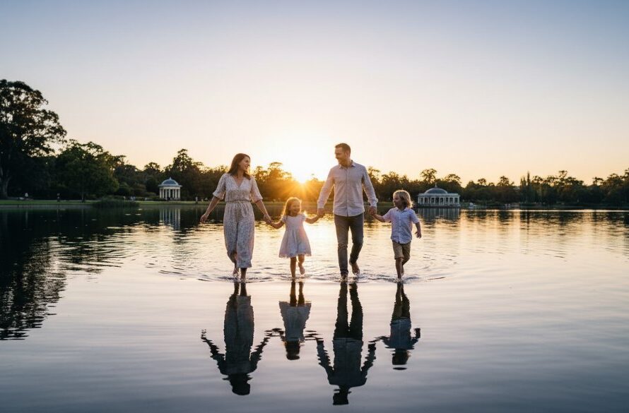 A breathtaking aerial shot showcasing a family of four, two parents and two young children, joyfully running hand-in-hand along the serene shores of Lake Wendouree during golden hour, with the iconic rotunda in the background and warm sunlight casting long shadows. This epic moment of their Lake Wendouree family photography experience captures pure happiness and connection, professionally color-graded with a cinematic feel.