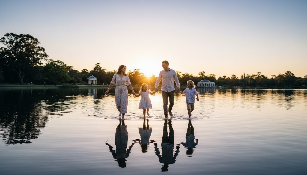 A breathtaking aerial shot showcasing a family of four, two parents and two young children, joyfully running hand-in-hand along the serene shores of Lake Wendouree during golden hour, with the iconic rotunda in the background and warm sunlight casting long shadows. This epic moment of their Lake Wendouree family photography experience captures pure happiness and connection, professionally color-graded with a cinematic feel.