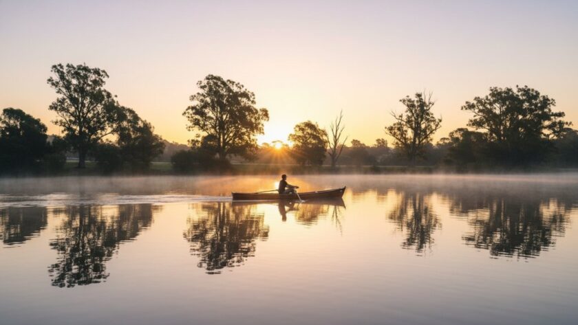 An exquisite Lake Wendouree fine art photography capturing ephemeral beauty, depicting a lone figure silhouetted against a dramatic sunset over the lake, reflecting vibrant colours and a sense of profound tranquility, professionally colour graded.