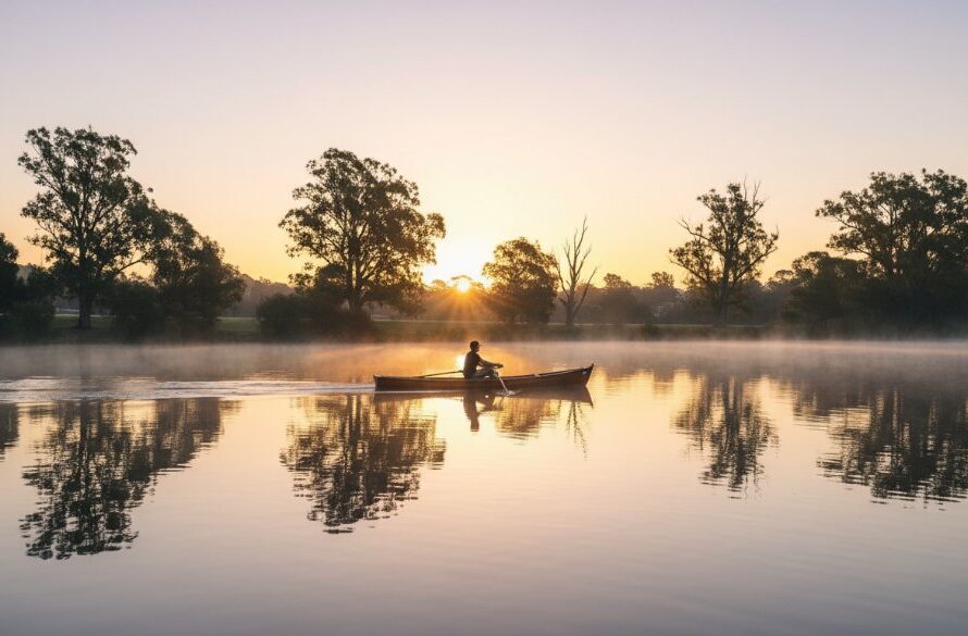 An exquisite Lake Wendouree fine art photography capturing ephemeral beauty, depicting a lone figure silhouetted against a dramatic sunset over the lake, reflecting vibrant colours and a sense of profound tranquility, professionally colour graded.