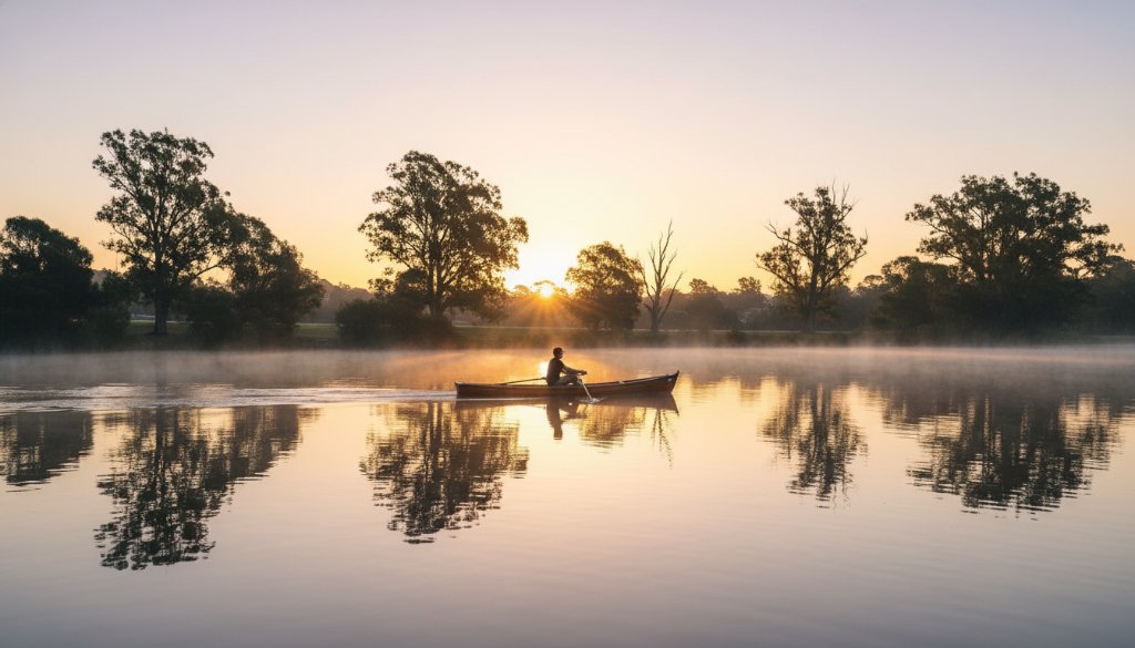 An exquisite Lake Wendouree fine art photography capturing ephemeral beauty, depicting a lone figure silhouetted against a dramatic sunset over the lake, reflecting vibrant colours and a sense of profound tranquility, professionally colour graded.