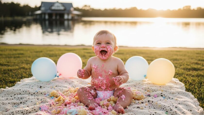 A jubilant baby, hands deep in a colourful cake, laughing amidst a delightful mess during a Lake Wendouree first birthday cake smash photography joy session, bathed in warm, soft afternoon light with the iconic lake in the background.
