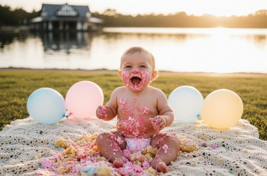 A jubilant baby, hands deep in a colourful cake, laughing amidst a delightful mess during a Lake Wendouree first birthday cake smash photography joy session, bathed in warm, soft afternoon light with the iconic lake in the background.