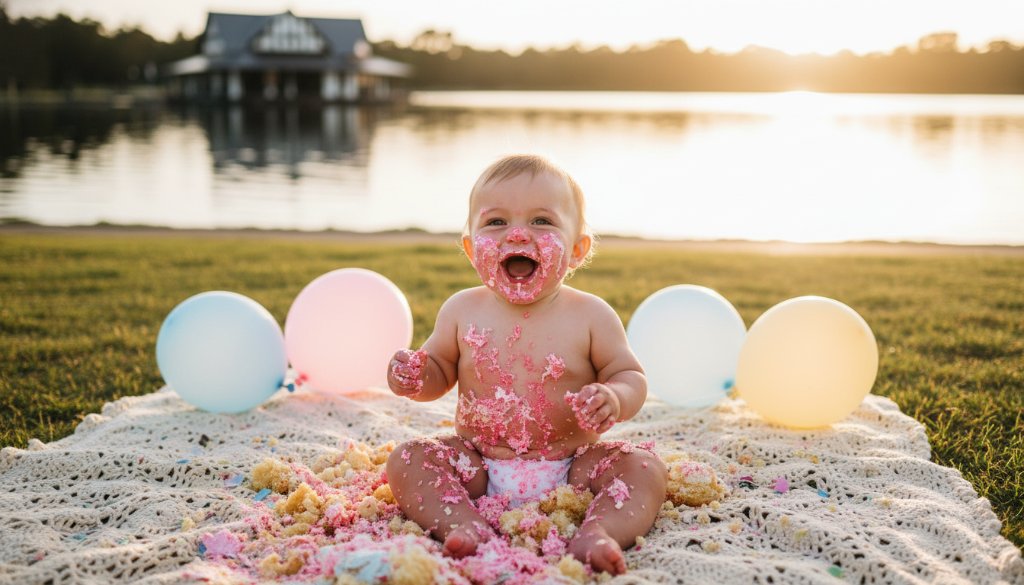 A jubilant baby, hands deep in a colourful cake, laughing amidst a delightful mess during a Lake Wendouree first birthday cake smash photography joy session, bathed in warm, soft afternoon light with the iconic lake in the background.