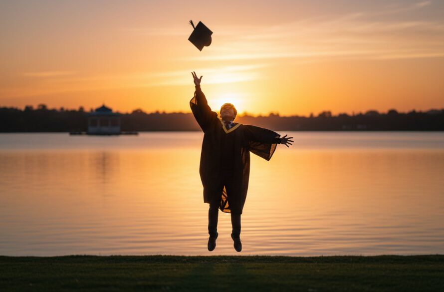 A jubilant graduate, cap mid-air, silhouetted against a golden sunset over Lake Wendouree, embodying Lake Wendouree graduation photography epic moments.