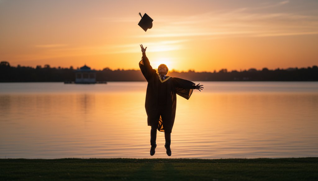 A jubilant graduate, cap mid-air, silhouetted against a golden sunset over Lake Wendouree, embodying Lake Wendouree graduation photography epic moments.