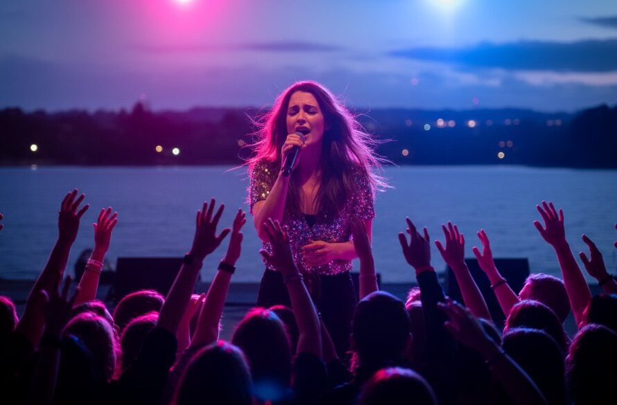 A wide-angle, dramatically lit photograph capturing a lead singer passionately performing on stage at an outdoor concert venue near Lake Wendouree, showcasing the vibrant energy of Lake Wendouree live music photography unforgettable moments, with the audience silhouetted against the stage lights.