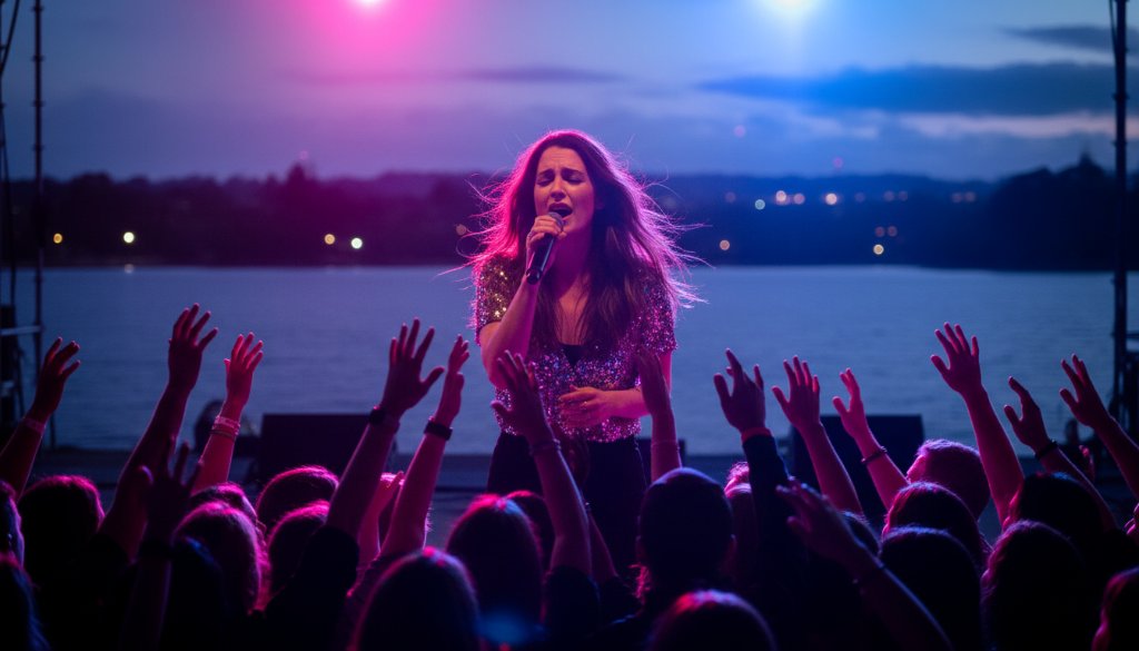 A wide-angle, dramatically lit photograph capturing a lead singer passionately performing on stage at an outdoor concert venue near Lake Wendouree, showcasing the vibrant energy of Lake Wendouree live music photography unforgettable moments, with the audience silhouetted against the stage lights.