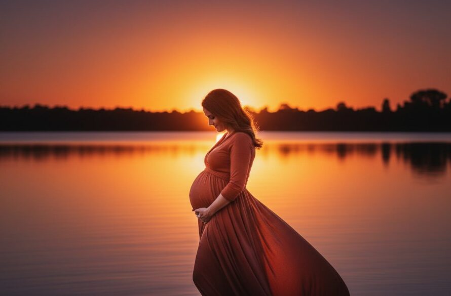 A breathtaking Lake Wendouree maternity photography serene golden hour scene featuring a glowing pregnant woman, silhouetted against the vibrant sunset over the lake, holding her belly lovingly, capturing an epic, ethereal moment with dramatic professional lighting.