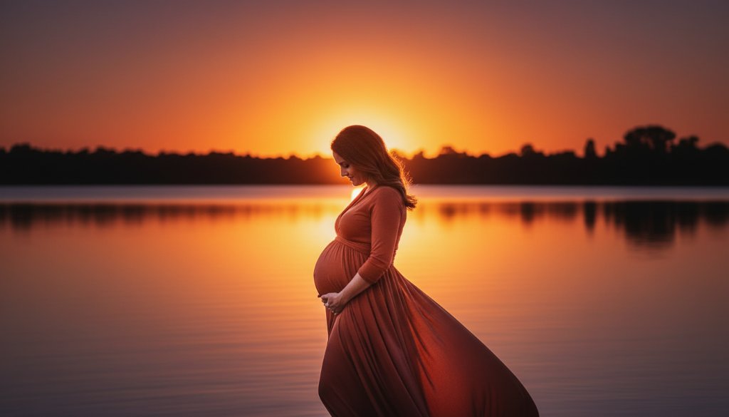 A breathtaking Lake Wendouree maternity photography serene golden hour scene featuring a glowing pregnant woman, silhouetted against the vibrant sunset over the lake, holding her belly lovingly, capturing an epic, ethereal moment with dramatic professional lighting.