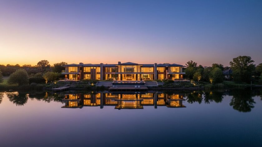 An epic, high-angle twilight photograph showcasing a luxurious lakeside property on Lake Wendouree, Victoria, bathed in soft, golden hour glow with twinkling interior lights and reflections on the calm water, expertly captured for stunning Lake Wendouree real estate photography twilight magic.