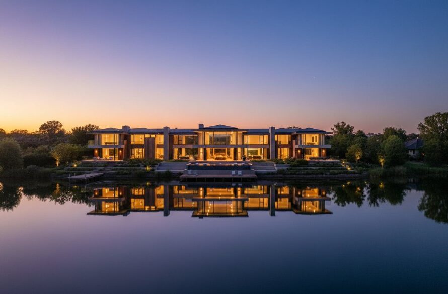 An epic, high-angle twilight photograph showcasing a luxurious lakeside property on Lake Wendouree, Victoria, bathed in soft, golden hour glow with twinkling interior lights and reflections on the calm water, expertly captured for stunning Lake Wendouree real estate photography twilight magic.