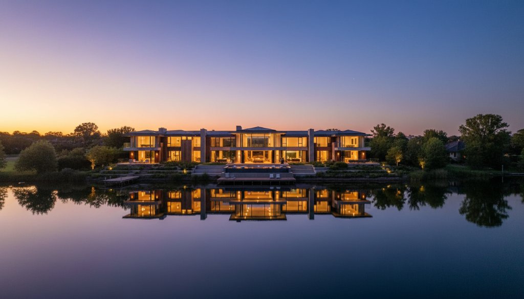 An epic, high-angle twilight photograph showcasing a luxurious lakeside property on Lake Wendouree, Victoria, bathed in soft, golden hour glow with twinkling interior lights and reflections on the calm water, expertly captured for stunning Lake Wendouree real estate photography twilight magic.