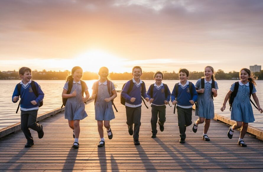 An emotionally resonant and professionally color-graded photograph capturing an authentic, joyful moment of a group of primary school children laughing and walking together along the shores of Lake Wendouree at sunset, bathed in dramatic golden light, showcasing Lake Wendouree School Photography Authentic Portraits.