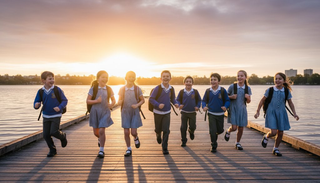 An emotionally resonant and professionally color-graded photograph capturing an authentic, joyful moment of a group of primary school children laughing and walking together along the shores of Lake Wendouree at sunset, bathed in dramatic golden light, showcasing Lake Wendouree School Photography Authentic Portraits.