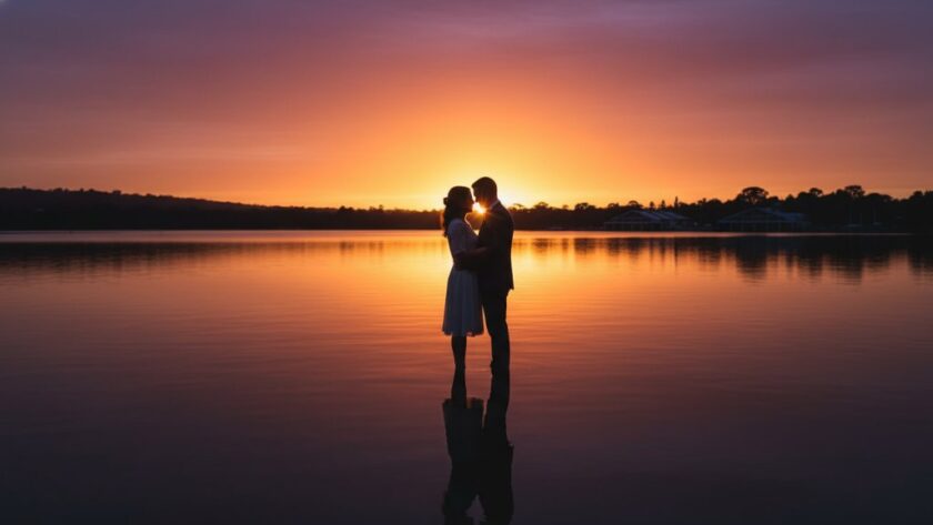A newly married couple sharing a tender kiss by the calm waters of Lake Wendouree at sunset, bathed in golden light, capturing their Lake Wendouree wedding photography magical sunset moments with epic drama.