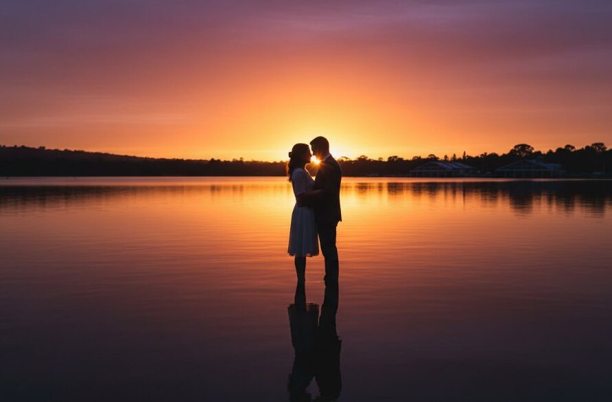 A newly married couple sharing a tender kiss by the calm waters of Lake Wendouree at sunset, bathed in golden light, capturing their Lake Wendouree wedding photography magical sunset moments with epic drama.