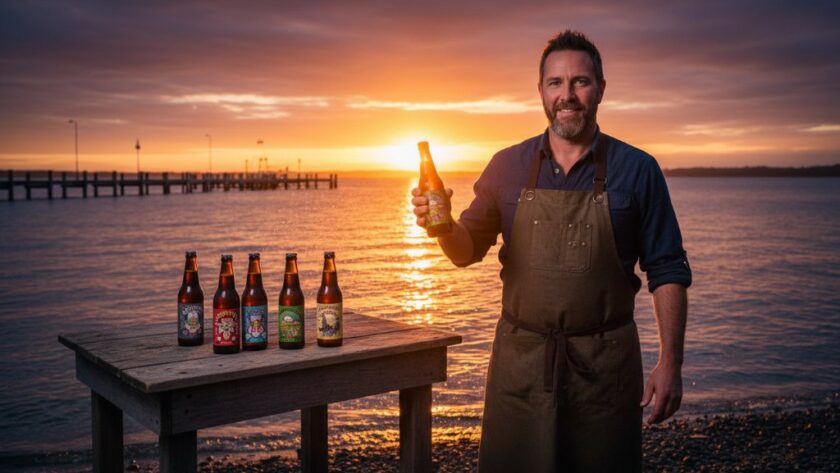 A dynamic shot showcasing expert Lakes Entrance advertising photography services for local businesses, featuring a beautifully lit local product against the scenic backdrop of the Gippsland Lakes at sunset, evoking success and quality.