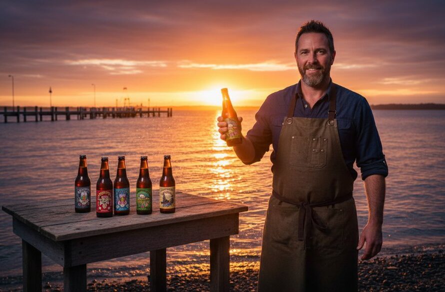 A dynamic shot showcasing expert Lakes Entrance advertising photography services for local businesses, featuring a beautifully lit local product against the scenic backdrop of the Gippsland Lakes at sunset, evoking success and quality.