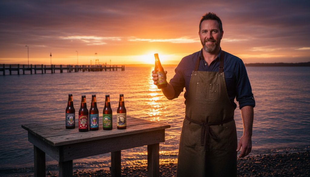 A dynamic shot showcasing expert Lakes Entrance advertising photography services for local businesses, featuring a beautifully lit local product against the scenic backdrop of the Gippsland Lakes at sunset, evoking success and quality.