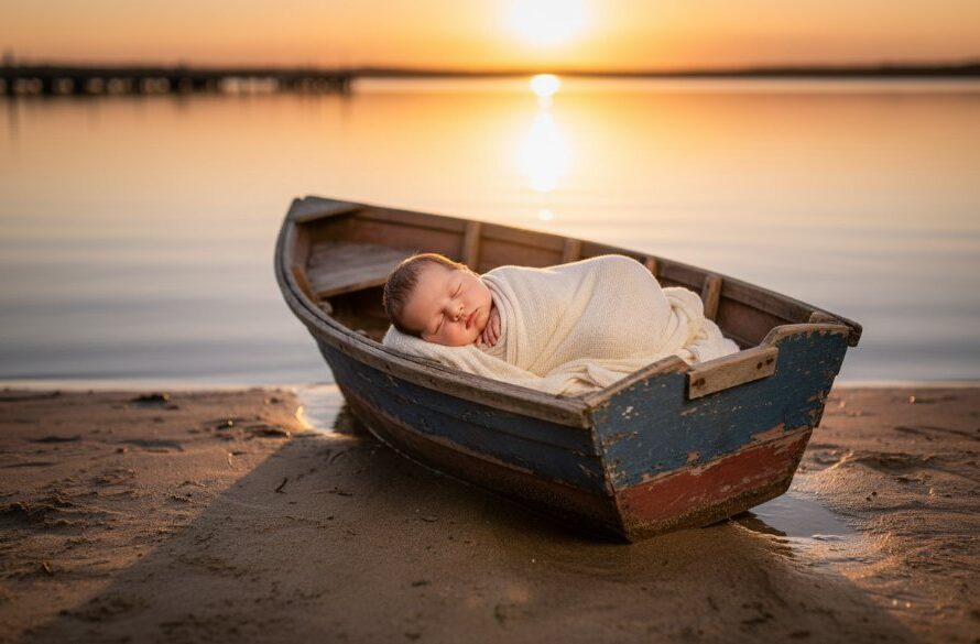 A heartwarming, epic moment captured in 'Lakes Entrance baby photography serene beach moments', featuring a peacefully sleeping newborn swaddled in soft white fabric on a weathered wooden boat, bathed in the golden hour light of a serene Lakes Entrance beach at sunset, with gentle waves in the background, showcasing the tranquility and beauty of coastal baby photography.