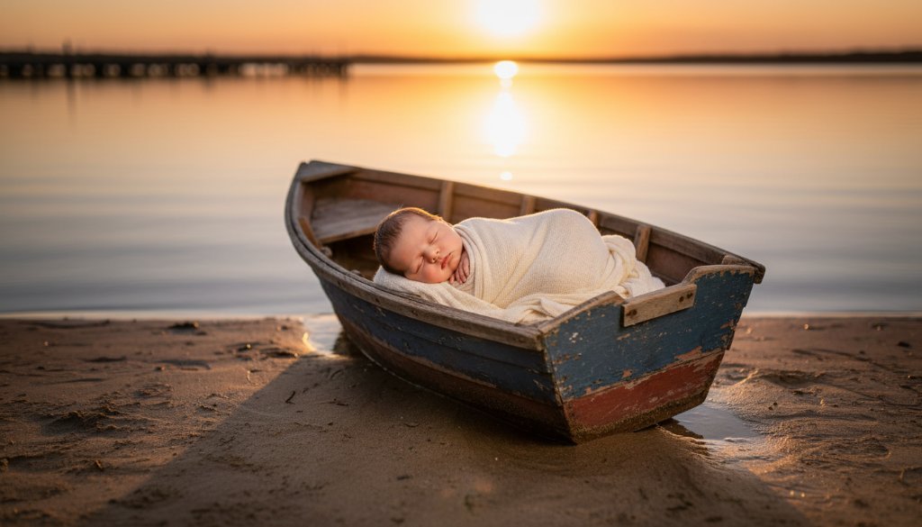 A heartwarming, epic moment captured in 'Lakes Entrance baby photography serene beach moments', featuring a peacefully sleeping newborn swaddled in soft white fabric on a weathered wooden boat, bathed in the golden hour light of a serene Lakes Entrance beach at sunset, with gentle waves in the background, showcasing the tranquility and beauty of coastal baby photography.