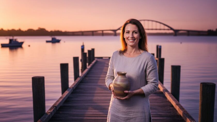 Dramatic, cinematic photograph capturing a passionate small business owner in Lakes Entrance consulting with a client, framed by the iconic local waterways and a stunning sunset, embodying the spirit of Lakes Entrance bespoke brand photography for small businesses.