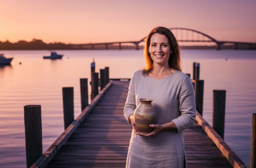 Dramatic, cinematic photograph capturing a passionate small business owner in Lakes Entrance consulting with a client, framed by the iconic local waterways and a stunning sunset, embodying the spirit of Lakes Entrance bespoke brand photography for small businesses.