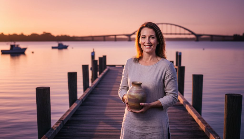 Dramatic, cinematic photograph capturing a passionate small business owner in Lakes Entrance consulting with a client, framed by the iconic local waterways and a stunning sunset, embodying the spirit of Lakes Entrance bespoke brand photography for small businesses.