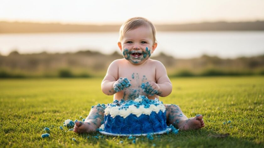 An epic moment captured by a Lakes Entrance Cake Smash Photographer for First Birthday Joy, showing a baby gleefully covered in cake, with soft, golden hour light filtering through coastal vegetation near Lakes Entrance, Victoria, professional colour grading highlighting the vibrant colours of the cake and the baby's joyful expression.