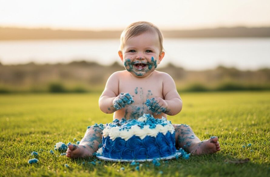 An epic moment captured by a Lakes Entrance Cake Smash Photographer for First Birthday Joy, showing a baby gleefully covered in cake, with soft, golden hour light filtering through coastal vegetation near Lakes Entrance, Victoria, professional colour grading highlighting the vibrant colours of the cake and the baby's joyful expression.