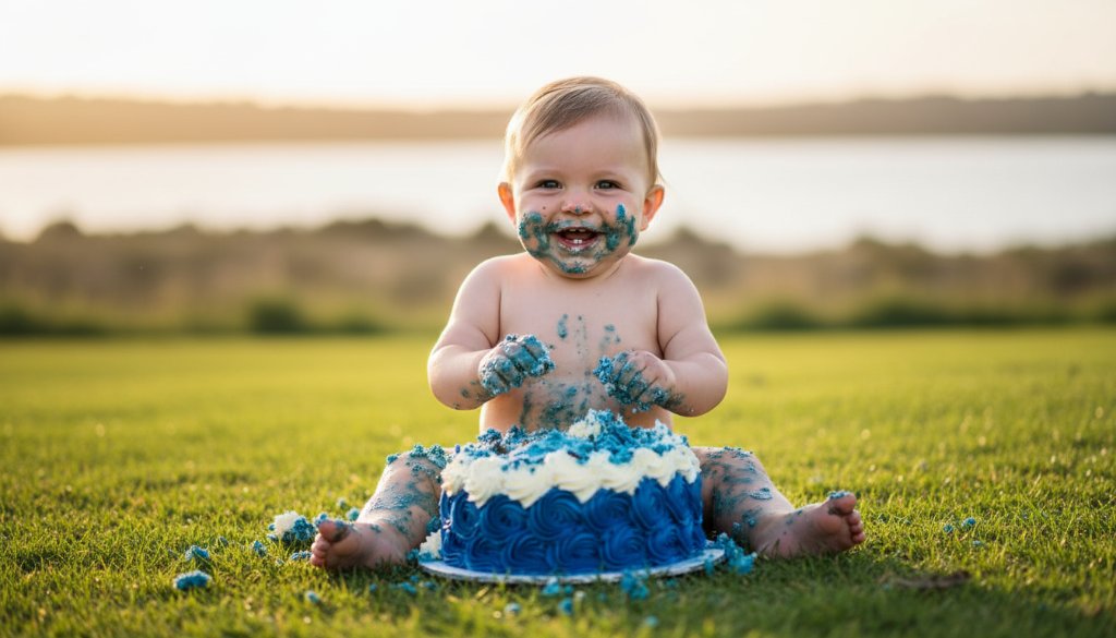 An epic moment captured by a Lakes Entrance Cake Smash Photographer for First Birthday Joy, showing a baby gleefully covered in cake, with soft, golden hour light filtering through coastal vegetation near Lakes Entrance, Victoria, professional colour grading highlighting the vibrant colours of the cake and the baby's joyful expression.