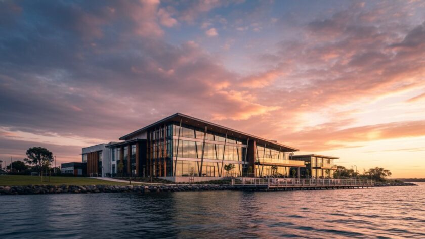 Dramatic wide-angle shot showcasing the contemporary design of a commercial building in Lakes Entrance at dawn, with golden hour light reflecting off its modern glass facade, embodying the spirit of Lakes Entrance commercial architecture photography unique perspectives.