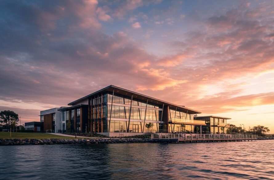 Dramatic wide-angle shot showcasing the contemporary design of a commercial building in Lakes Entrance at dawn, with golden hour light reflecting off its modern glass facade, embodying the spirit of Lakes Entrance commercial architecture photography unique perspectives.