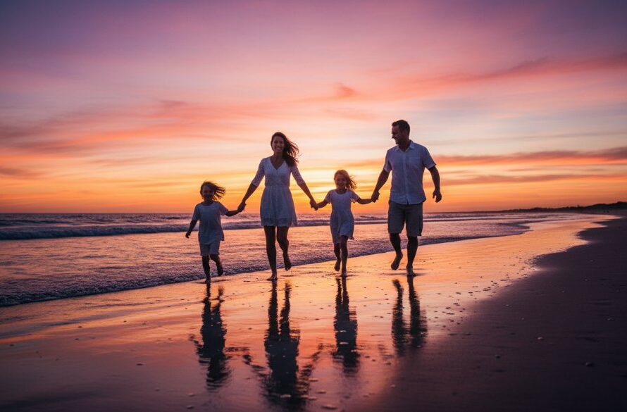 A family joyfully running on the Ninety Mile Beach at sunset, silhouetted against a dramatic sky, captured during their Lakes Entrance family photography adventures, showing genuine connection and movement.
