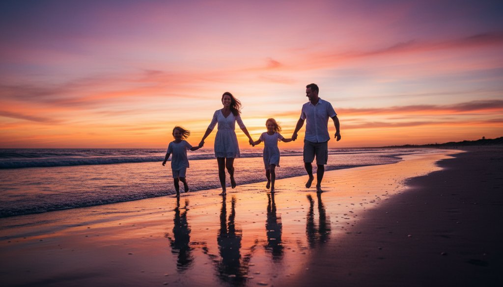 A family joyfully running on the Ninety Mile Beach at sunset, silhouetted against a dramatic sky, captured during their Lakes Entrance family photography adventures, showing genuine connection and movement.