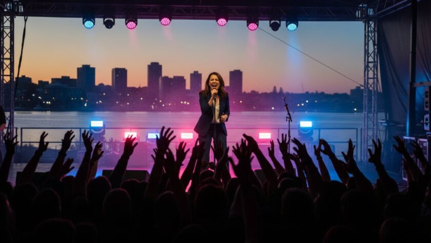 An epic moment of Lakes Entrance live music photography capturing coastal concert energy, showing a lead singer mid-song under dramatic stage lights, with the enthusiastic crowd silhouetted and a hint of the coastal Lakes Entrance backdrop, professionally colour-graded.
