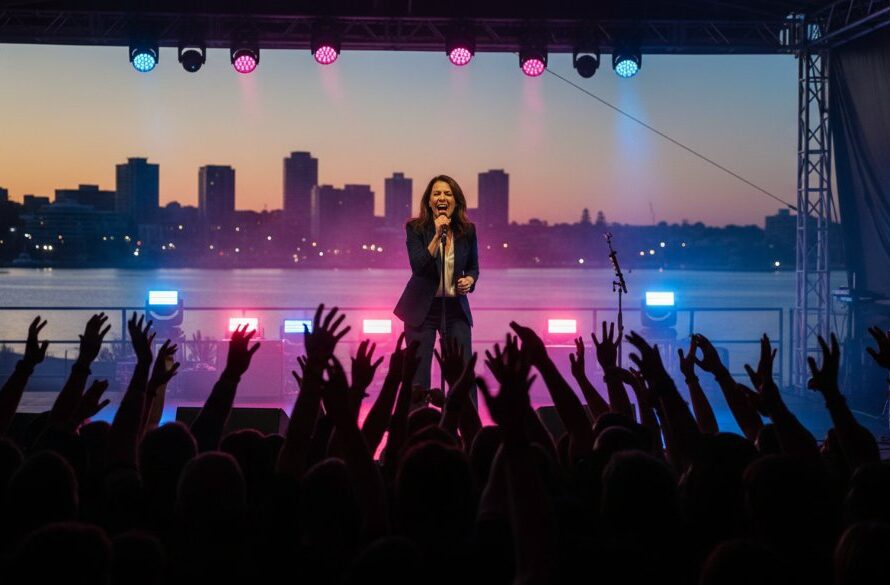 An epic moment of Lakes Entrance live music photography capturing coastal concert energy, showing a lead singer mid-song under dramatic stage lights, with the enthusiastic crowd silhouetted and a hint of the coastal Lakes Entrance backdrop, professionally colour-graded.