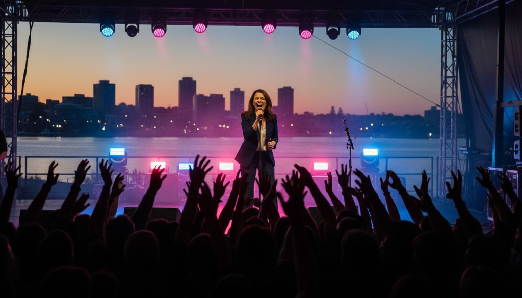 An epic moment of Lakes Entrance live music photography capturing coastal concert energy, showing a lead singer mid-song under dramatic stage lights, with the enthusiastic crowd silhouetted and a hint of the coastal Lakes Entrance backdrop, professionally colour-graded.