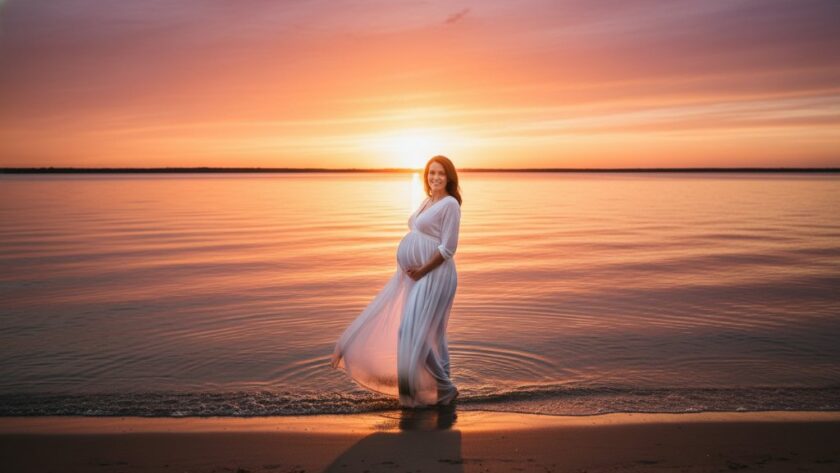 A glowing mother-to-be in a flowing gown stands silhouetted against a dramatic sunset at Lakes Entrance, capturing an epic Lakes Entrance maternity photography iconic sunset session with vibrant orange and purple hues reflecting on the water, embodying serene anticipation.
