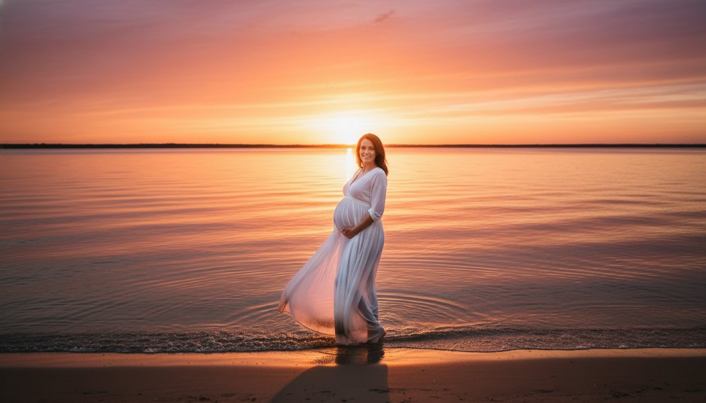 A glowing mother-to-be in a flowing gown stands silhouetted against a dramatic sunset at Lakes Entrance, capturing an epic Lakes Entrance maternity photography iconic sunset session with vibrant orange and purple hues reflecting on the water, embodying serene anticipation.