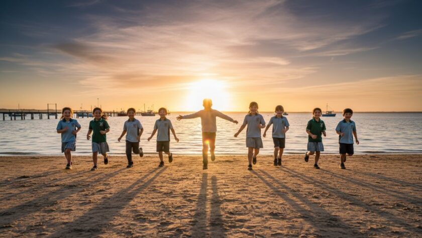 An epic moment of joyful students laughing and celebrating a school event on the shores of the Gippsland Lakes, expertly captured by Lakes Entrance school photography authentic student moments specialists. Dramatic golden hour light illuminates their genuine smiles and the iconic Lakes Entrance background.