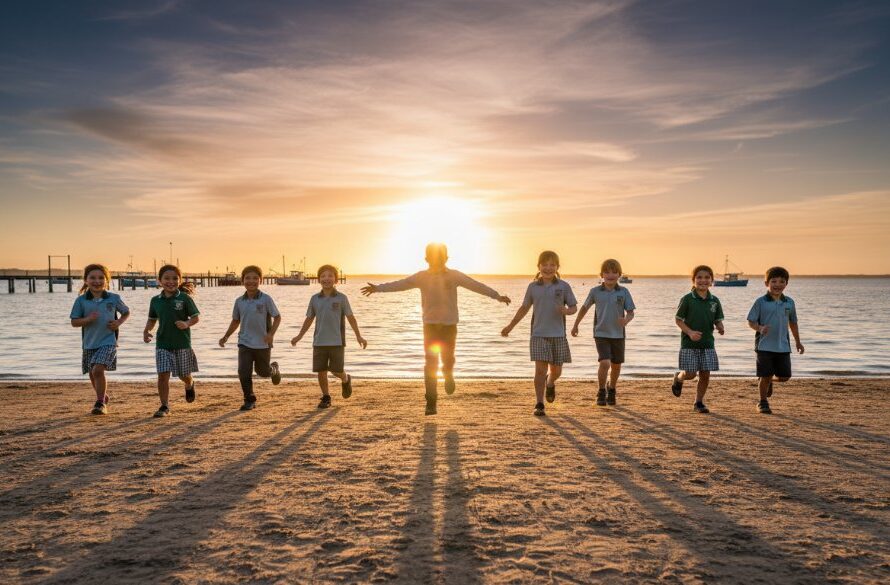 An epic moment of joyful students laughing and celebrating a school event on the shores of the Gippsland Lakes, expertly captured by Lakes Entrance school photography authentic student moments specialists. Dramatic golden hour light illuminates their genuine smiles and the iconic Lakes Entrance background.