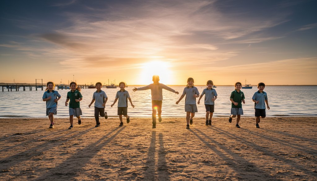 An epic moment of joyful students laughing and celebrating a school event on the shores of the Gippsland Lakes, expertly captured by Lakes Entrance school photography authentic student moments specialists. Dramatic golden hour light illuminates their genuine smiles and the iconic Lakes Entrance background.