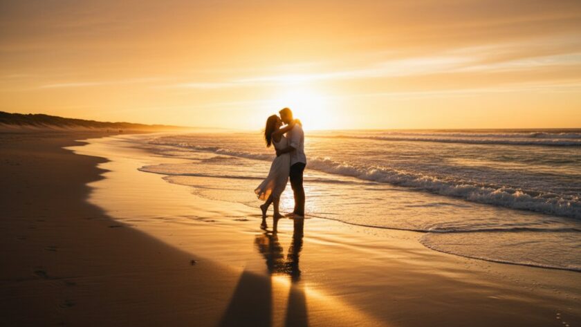 Lakes Entrance Serene Fine Art Coastal Portraits Victoria: A couple embracing at sunset on the Ninety Mile Beach, dramatic golden light illuminating their profiles against the serene ocean, showcasing an epic moment of connection.