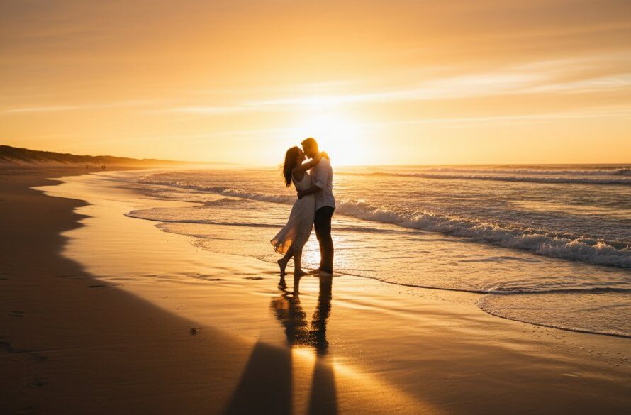 Lakes Entrance Serene Fine Art Coastal Portraits Victoria: A couple embracing at sunset on the Ninety Mile Beach, dramatic golden light illuminating their profiles against the serene ocean, showcasing an epic moment of connection.