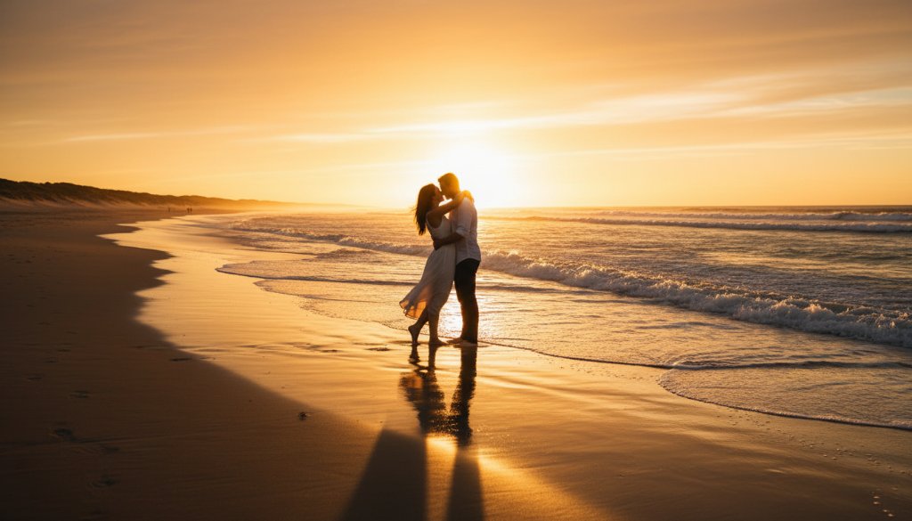 Lakes Entrance Serene Fine Art Coastal Portraits Victoria: A couple embracing at sunset on the Ninety Mile Beach, dramatic golden light illuminating their profiles against the serene ocean, showcasing an epic moment of connection.