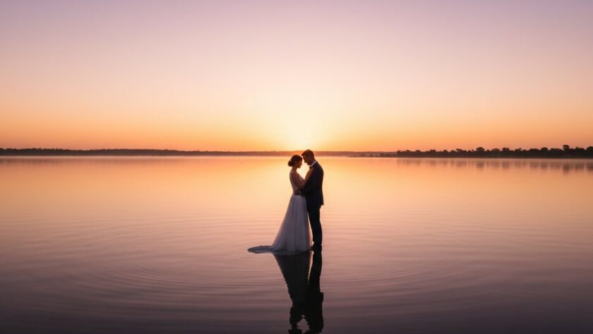 An epic moment captured in Lakes Entrance Wedding Photography Sunrise Portraits, featuring a newlywed couple silhouetted against a dramatic golden sunrise over the Gippsland Lakes, professional colour grading.